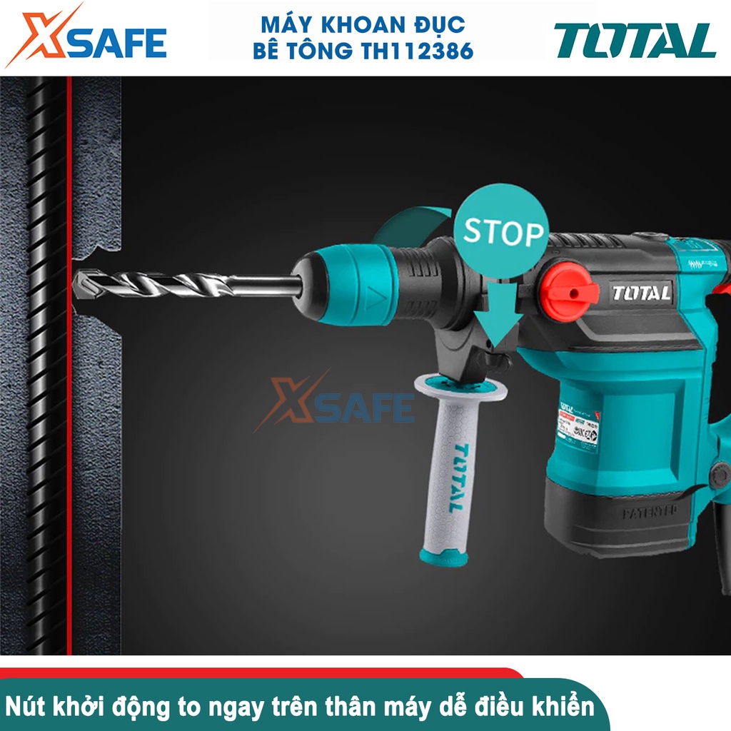 Máy khoan đục bê tông TOTAL TH112386 công suất 1200W tốc độ đập 1950-4860bpm, có chế độ chống rung - chính hãng