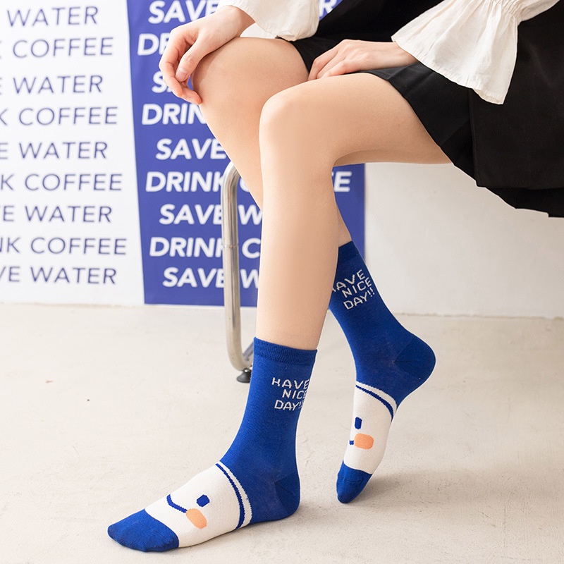 WAFNHA D191 Vớ Nữ Cổ Cao In Hình Mặt Cười Dễ Thương