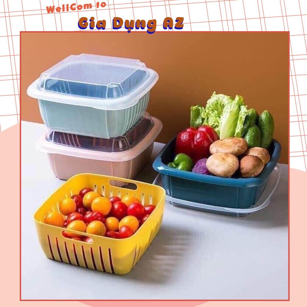 Rổ hoa quả vuông 3 in 1 kèm chậu có nắp đậy trong suốt tiện lợi SB1252