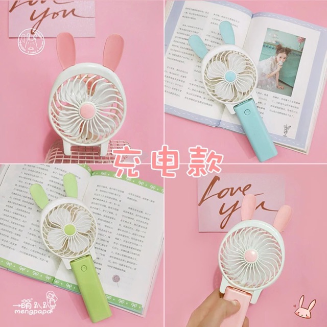 Ảnh thật ✨✨ Quạt Pin Sạc Cầm Tay Tai Thỏ màu Pastel ✨✨