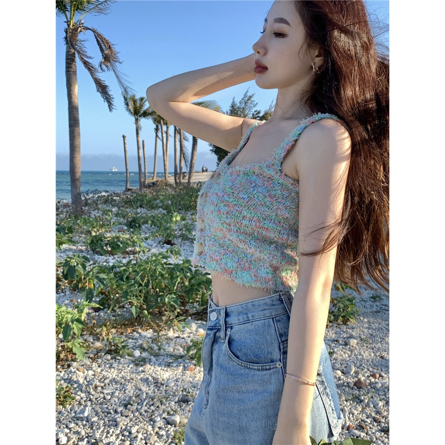 QADCOL  Áo Hai Dây Dệt Màu Sắc Đơn Giản Quyến Rũ Cho Nữ