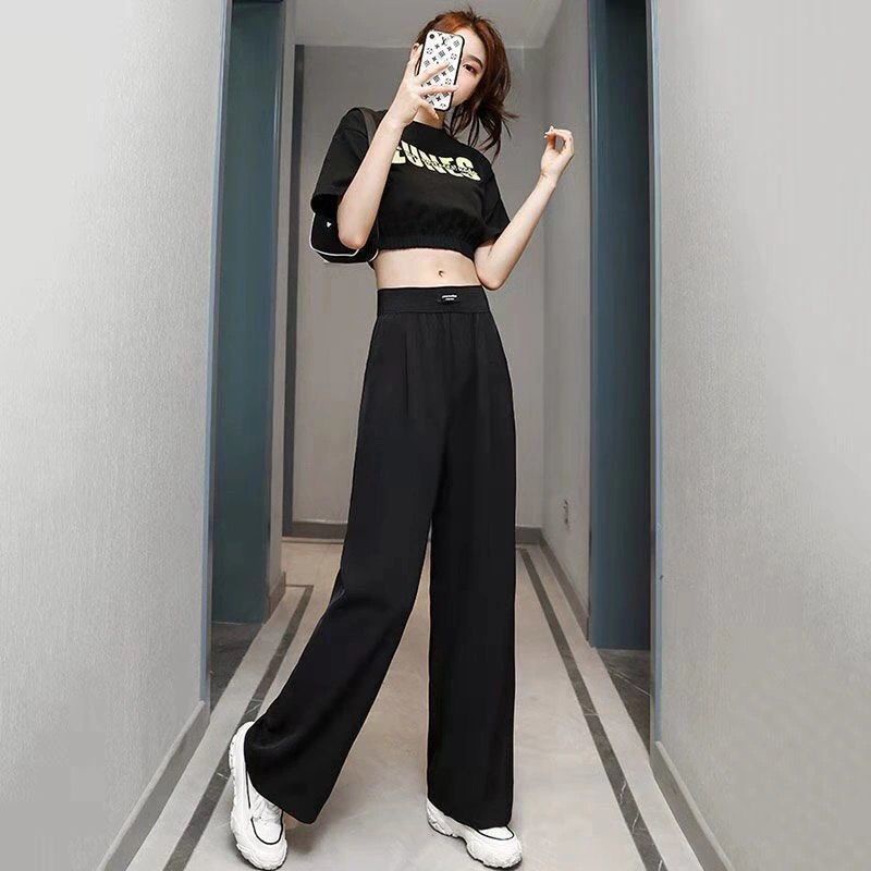 Quần dài ống rộng lưng cao màu đen cá tính cho nữ