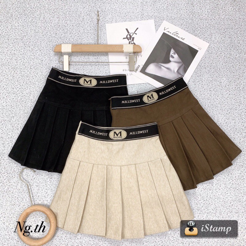 Chân váy dạ xếp li cạp chữ
