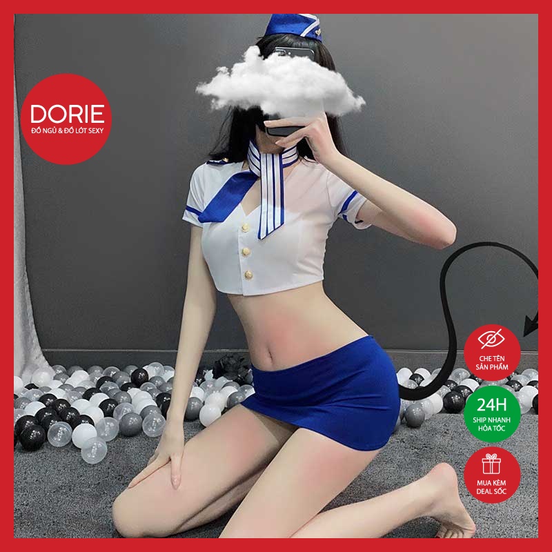 Đồ ngủ sexy nữ gợi cảm cosplay nàng tiếp viên áo trắng váy xanh quyến rũ 1612