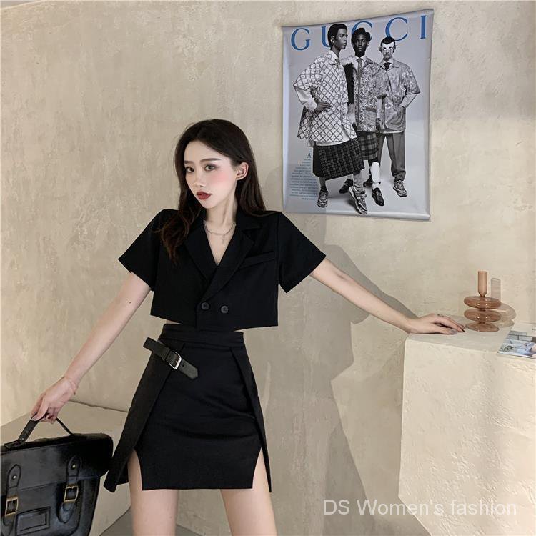 New Arrivals2021Summer  Black Suit Jacket+Dress  Korean-Style Short  Slit Skirt Suit