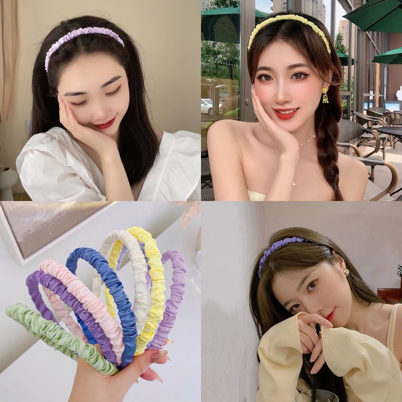 phụ kiện tóc băng đô tóc băng đô rửa mặt băng đô cài tóc băng đô cài tóc băng đô mấn đội đầu Băng Đô Cài Tóc Bằng Satin Cao Cấp Màu Trơn Xếp Ly Thời Trang Hàn Quốc
