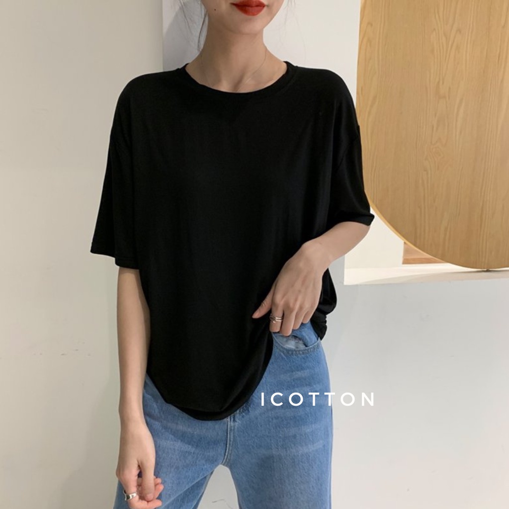 Áo thun form rộng tay lỡ ❤ICOTTON❤️ áo phông trơn trắng đen ghi 100% cotton cao cấp, kiểu dáng oversize, basic
