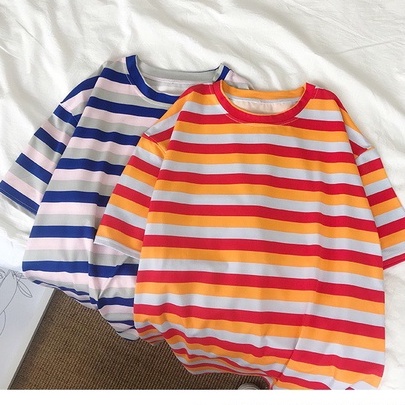 Áo thun Cotton unisex tay lỡ form rộng Áo phông nam nữ kẻ ngang dày mát basic tee ulzzang