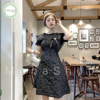 Đầm dự tiệc váy nữ gấm cổ tròn tay cánh tiên 3 màu xanh hồng đen hàng cao cấp