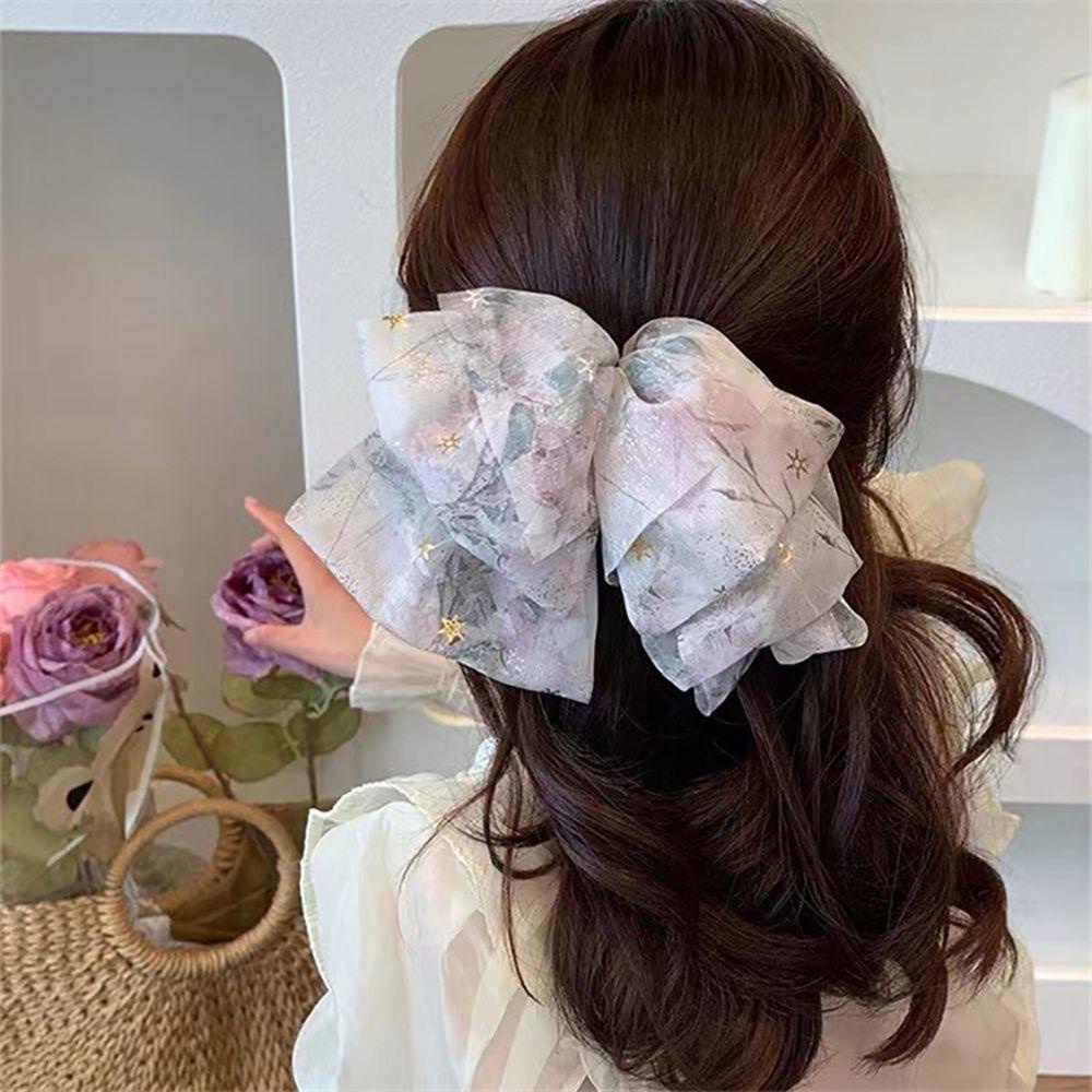 Kẹp Tóc Hình Nơ Lớn Bằng Vải Voan Phong Cách Vintage Ngọt Ngào Dành Cho Nữ