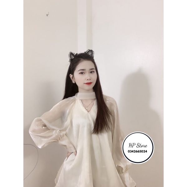 Áo sơ mi tơ  form xuông xoè cổ chocker đính ngọc siêu đẹp 2022