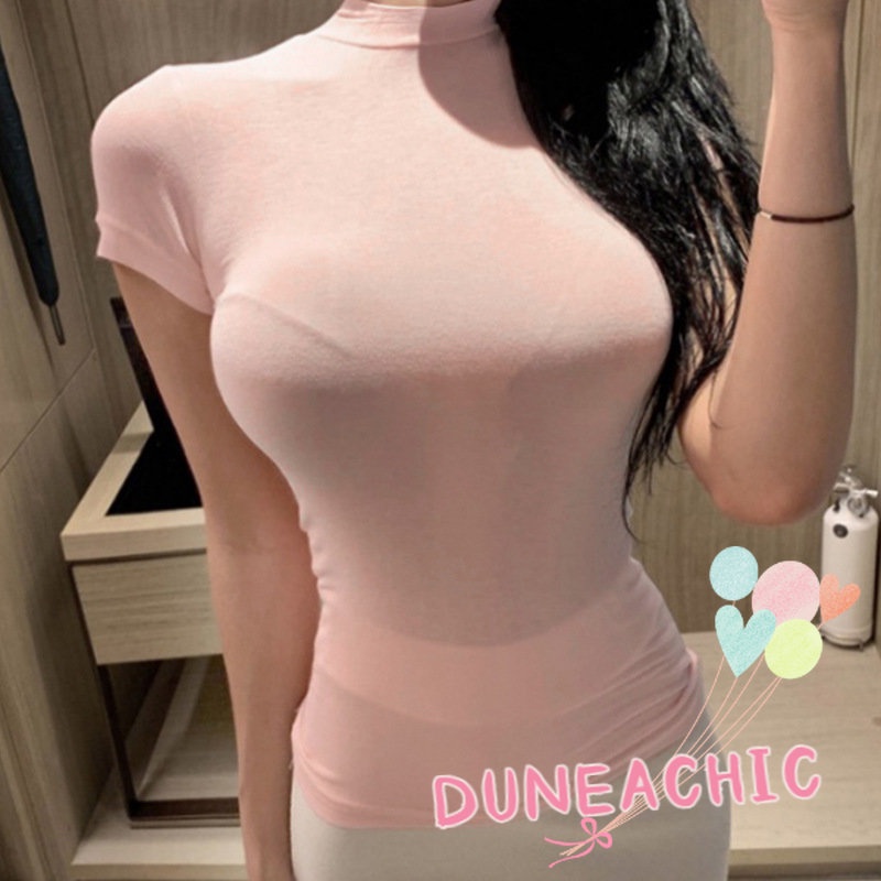 DUNEA Áo thun ngắn tay cổ lọ ôm dáng gợi cảm cho nữ