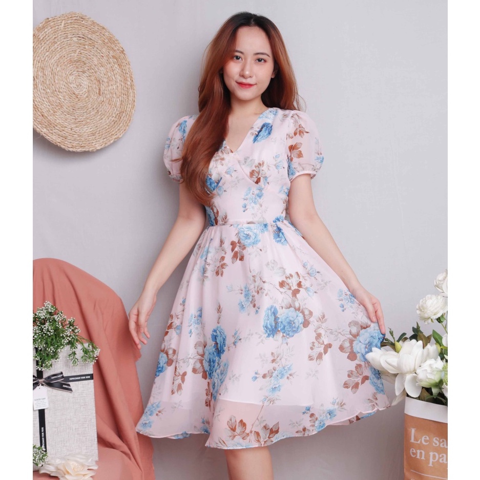 Đầm dự tiệc voan hoa dáng xòe đẹp thiết kế cao cấp cổ v thời trang eo tôn dáng che bụng – Thời trang Lux W