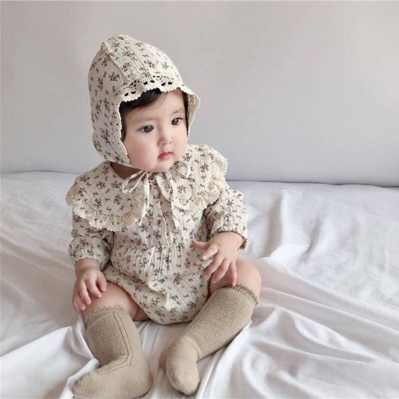 Body đũi hoa tiểu thư viền ren cổ trắng kèm mũ bèo tiểu thư xinh xắn cho bé 0-2 tuổi hàng cao cấp