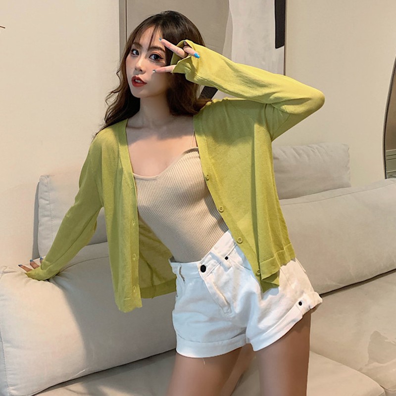 Áo Khoác Cardigan Dệt Kim Mỏng Tay Dài Cổ Chữ V Thiết Kế Xinh Xắn Cho Nữ