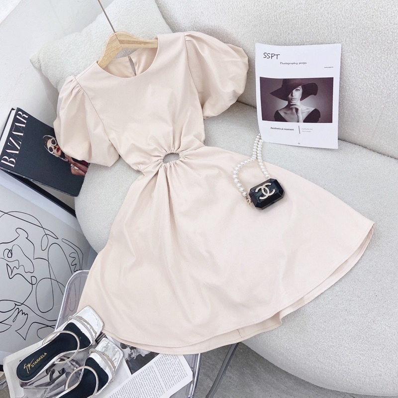 ĐẦM NUDE KHOEN BỤNG CUT OUT LƯNG TAY BỒNG