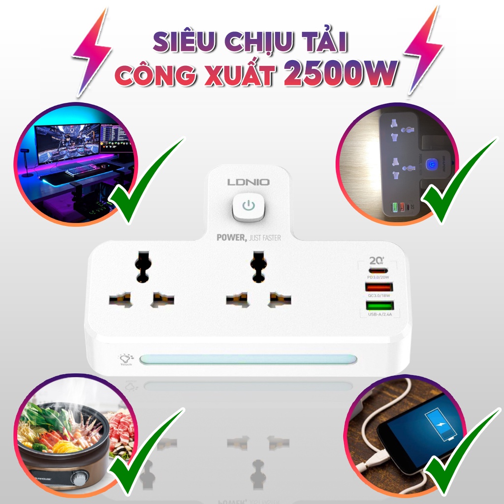 Ổ Cắm Điện Đa Năng Thông Minh LDNIO SK22 có đèn ngủ sạc nhanh USB-C 20W cổng QC 3.0 18W hai ổ 220V an toàn chống cháy nổ