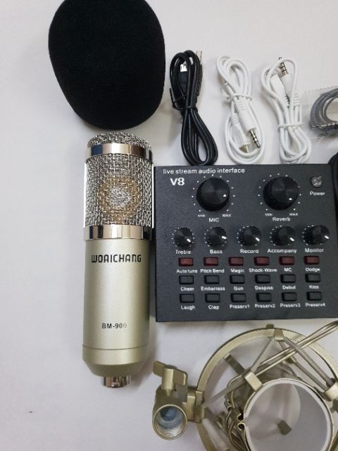 COMBO THU ÂM LIVESTREAM MÍC BM900 WOAICHANG SOUND CARD V8 TẶNG TAI NGHE BH 6 THÁNG ĐỔI MỚI