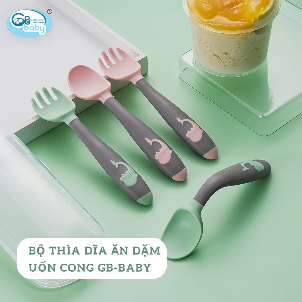 Bộ Thìa Dĩa Tập Xúc Cho Bé Tập Ăn Dặm Uốn Cong Dễ Thương Gb-Baby