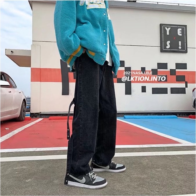 Quần jean ống rộng nam nữ unisex màu xanh nhạt và đen trang trí dây đẹp mới hà nội hcm Pon.mens