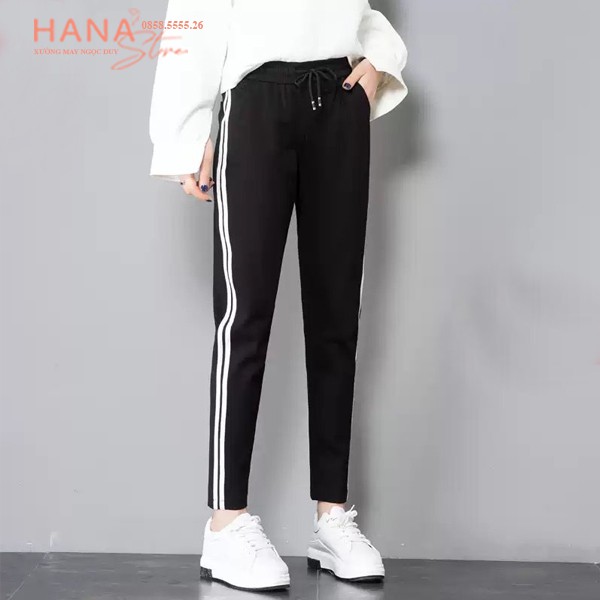 Quần Jogger thể thao nữ viền kẻ 2 sọc trắng có túi dây rút màu Đen - Quần jogger nỉ dài vải Umi co giãn tập gym thể dục