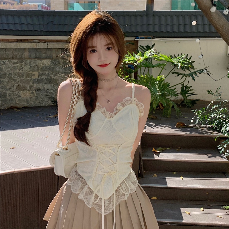 Áo Hai Dây Ngắn Phối Ren Quyến Rũ Thời Trang Mùa Hè Cho Nữ