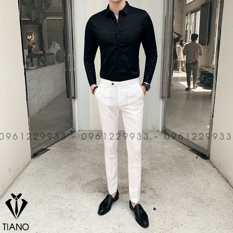 Áo sơ mi cao cấp - Chất vải nến dày dặn, co giãn nhẹ. 2 màu đen - trắng