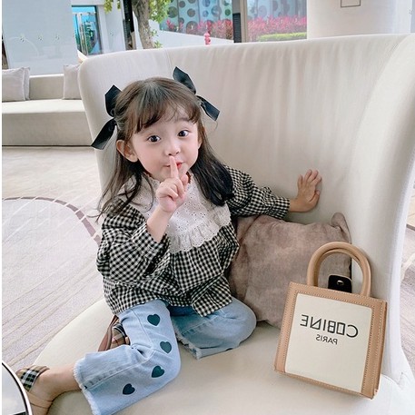 Áo tay dài phồng phối ren họa tiết sọc caro dễ thương thời trang xuân thu cho bé gái 3-8 tuổi