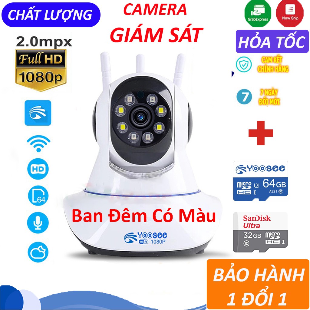 Camera Yoosee trong nhà có màu, xoay 360 độ, Full HD 1080P - Camera 3 râu kèm thẻ 32GB | BH 6 Tháng