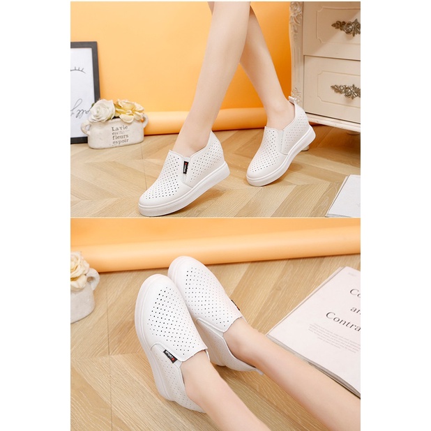 [CHẤT LƯỢNG_CÓ TRỢ SHIP] Giày độn đế nữ, giày slip on nữ độn đế da trơn cao 6cm, êm chân, Hàng Quảng Châu S065