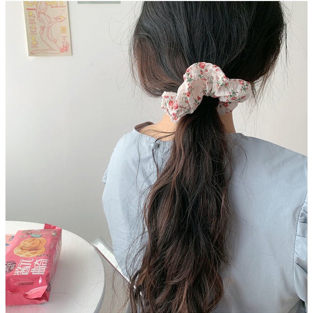 Scrunchies hoa caro màu tím cột tóc vải dễ thương nữ