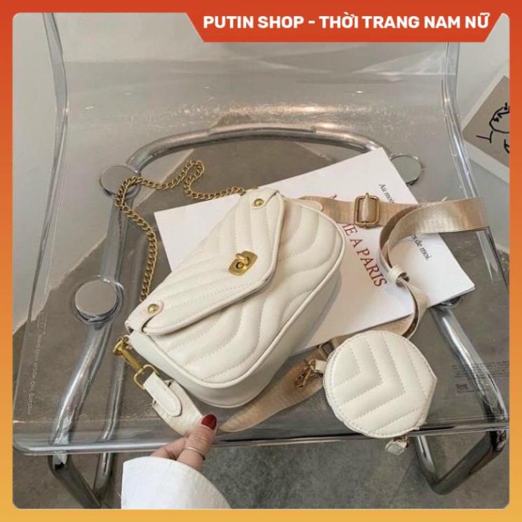 Túi trần trám da mềm bản 2 dây kèm ví tròn nhỏ siêu hót, Túi xách đeo chéo màu đen trắng nâu thời trang mới