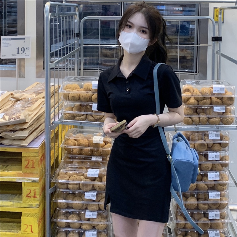 Đầm Xiaozhainv cổ polo màu đen dáng ôm trẻ trung quyến rũ dành thời trang cho nữ