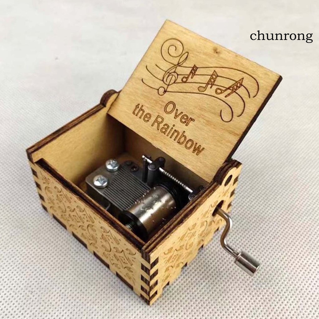 CR+Antique Vintage Engraved Mini Wooden Hand Crank Music Box Kids Birthday Gift