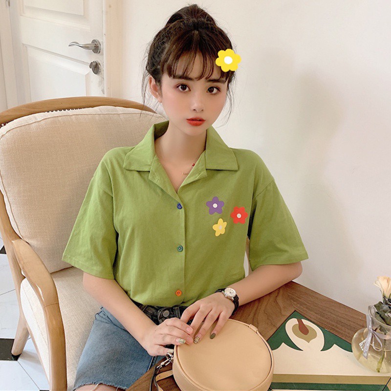 Áo sơ mi tay ngắn họa tiết in hoa cổ bẻ sang trọng cho nữ