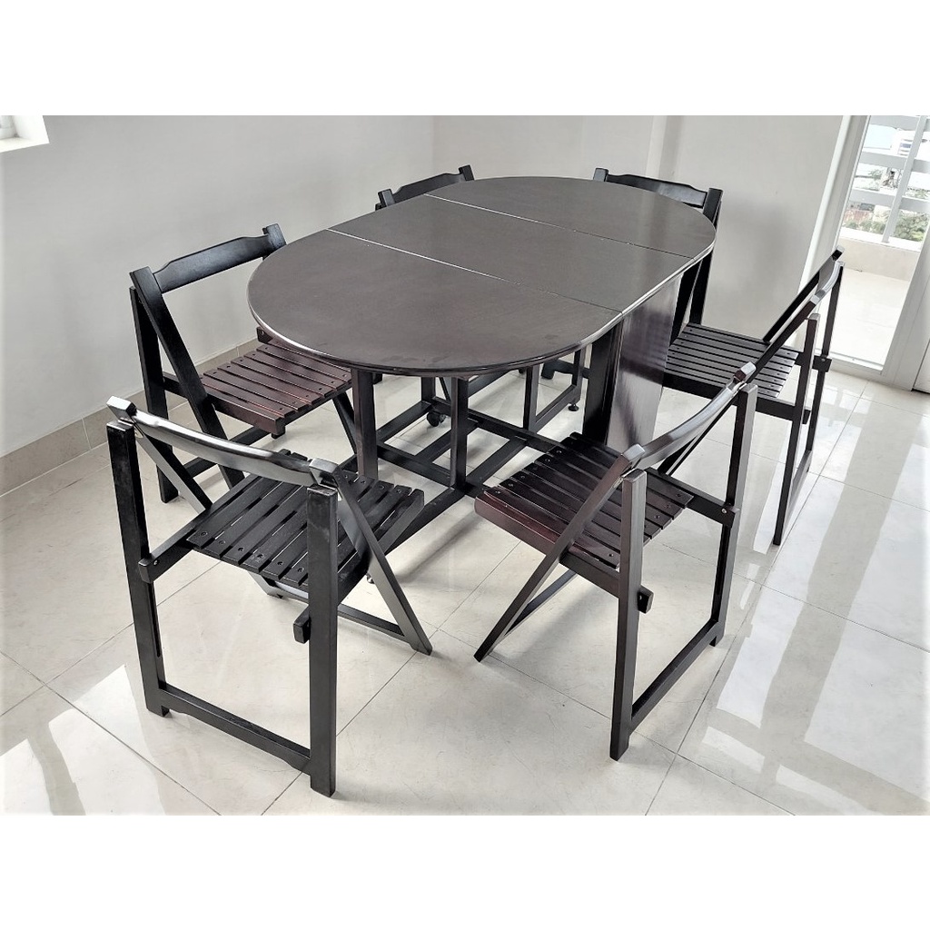 Bộ Bàn Ăn Gỗ Cao Su Xếp Gọn 85x1m4 và 6 Ghế Gỗ Xếp Dày Dặn - Gỗ Song Bản