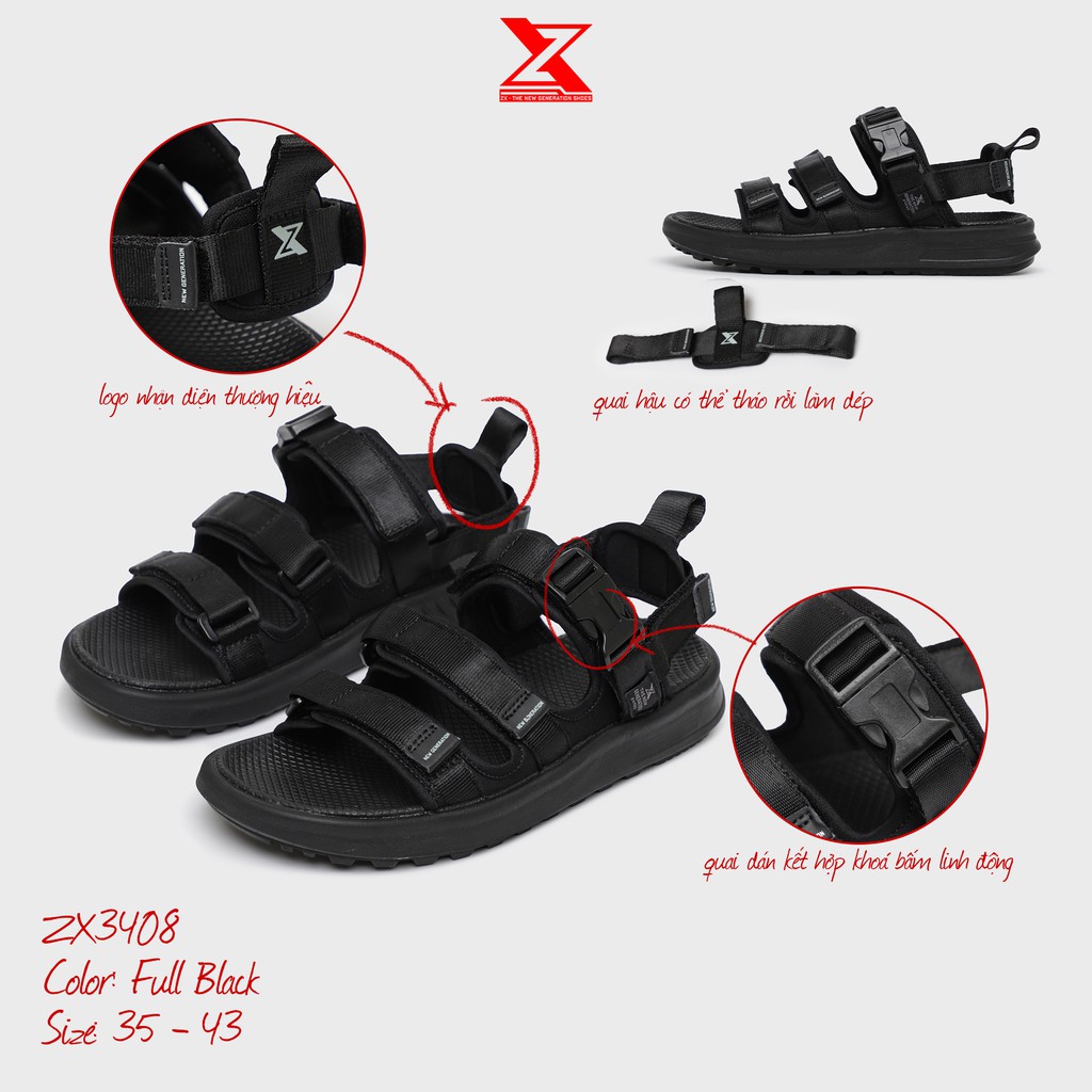 [Mã SKAMLTSM9 giảm 10% đơn 99K] Sandal Nam Nữ ZX3408 - 3 quai - Full Black - quai sau tháo rời