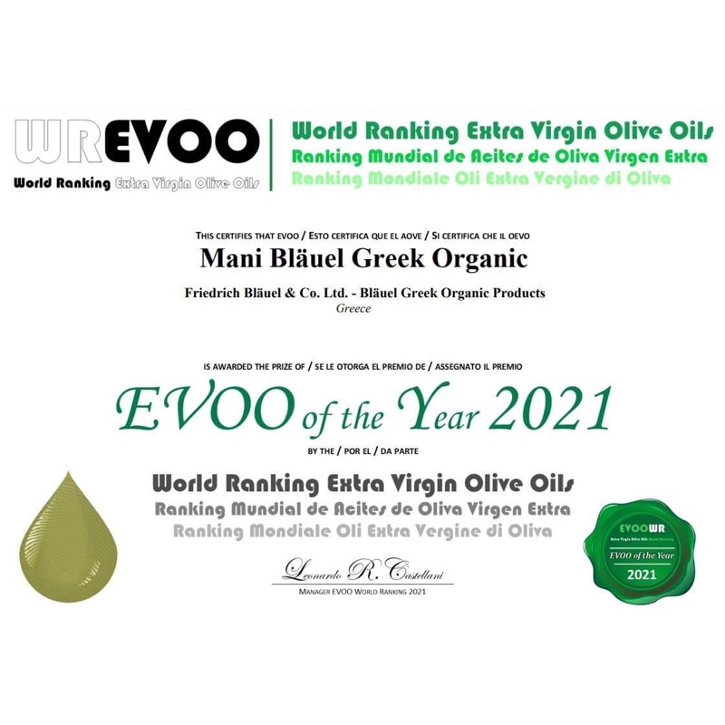 Dầu oliu (olive) hữu cơ Mani 250ml và 500ml (date 1.2024)