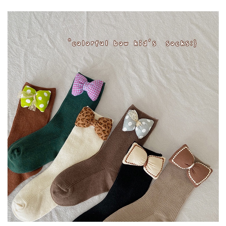 Set 3 đôi vớ cotton KOKOROCARE MSW-43 màu trơn đính nơ da báo chấm bi thời trang thu đông cho bé gái 1-8 tuổi