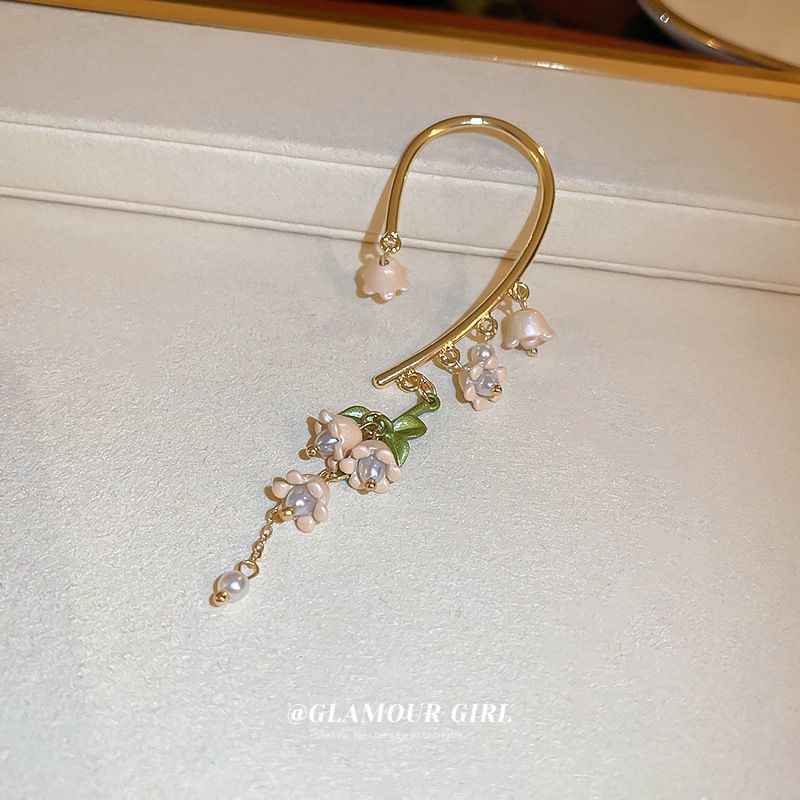 Khuyên Tai Dạng Móc Không Xỏ Lỗ Hình Hoa Lily Cổ Điển Phối Tua Rua Phong Cách Pháp Ngọt Ngào Tươi Mới