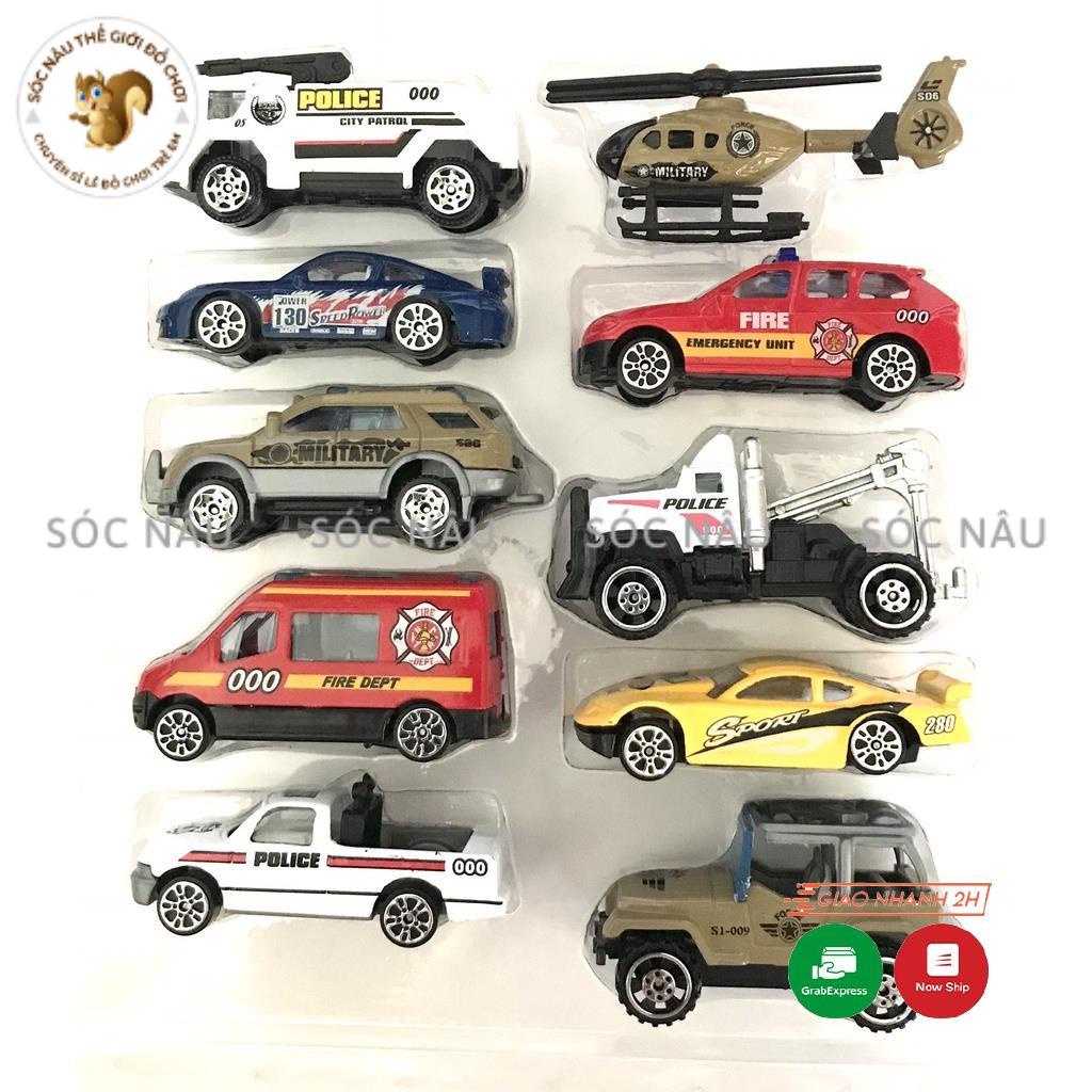 Hộp 10 xe ô tô đồ chơi cứu hỏa, cảnh sát, quân sự, máy bay, xe tăng cho các bé trai