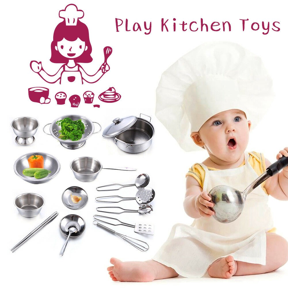 Bộ 16 món đồ chơi giả lập nấu ăn bằng inox mini cho trẻ em bàn sáng