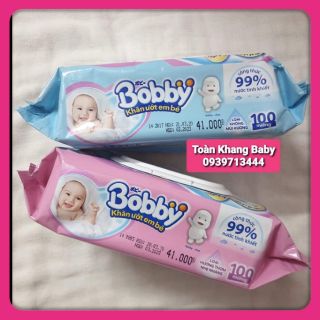 Combo 2 gói khăn ướt Bobby 100 tờ hồng/xanh