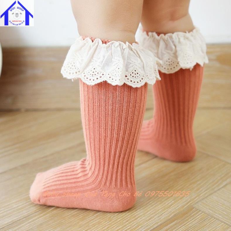 Tất Hàn Quốc cao cổ cho bé gái 0-3 tuổi chất liệu cotton phối ren xinh xắn cho bé gái