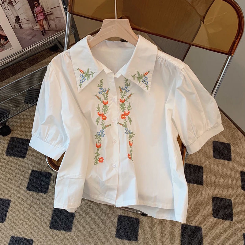 Áo Sơ Mi Trắng Tay Ngắn Cổ polo Thêu Họa Tiết Thời Trang Mùa Hè Hàng Mới Dành Cho Bạn Nữ