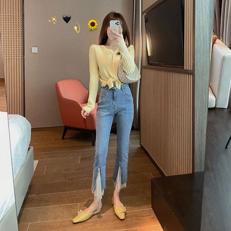 Korean Version of the Jeans Pants Simple Fashion Slightly Flared Jeans High Waist Slimming Patchwork Cropped Slit Pants Tide