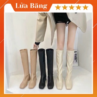 Bốt đùi cao tới gối da mờ khóa sau tiện lợi