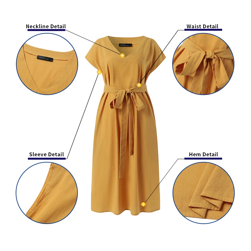 Đầm midi ZANZEA cotton ngắn tay cổ chữ V thời trang cho nữ