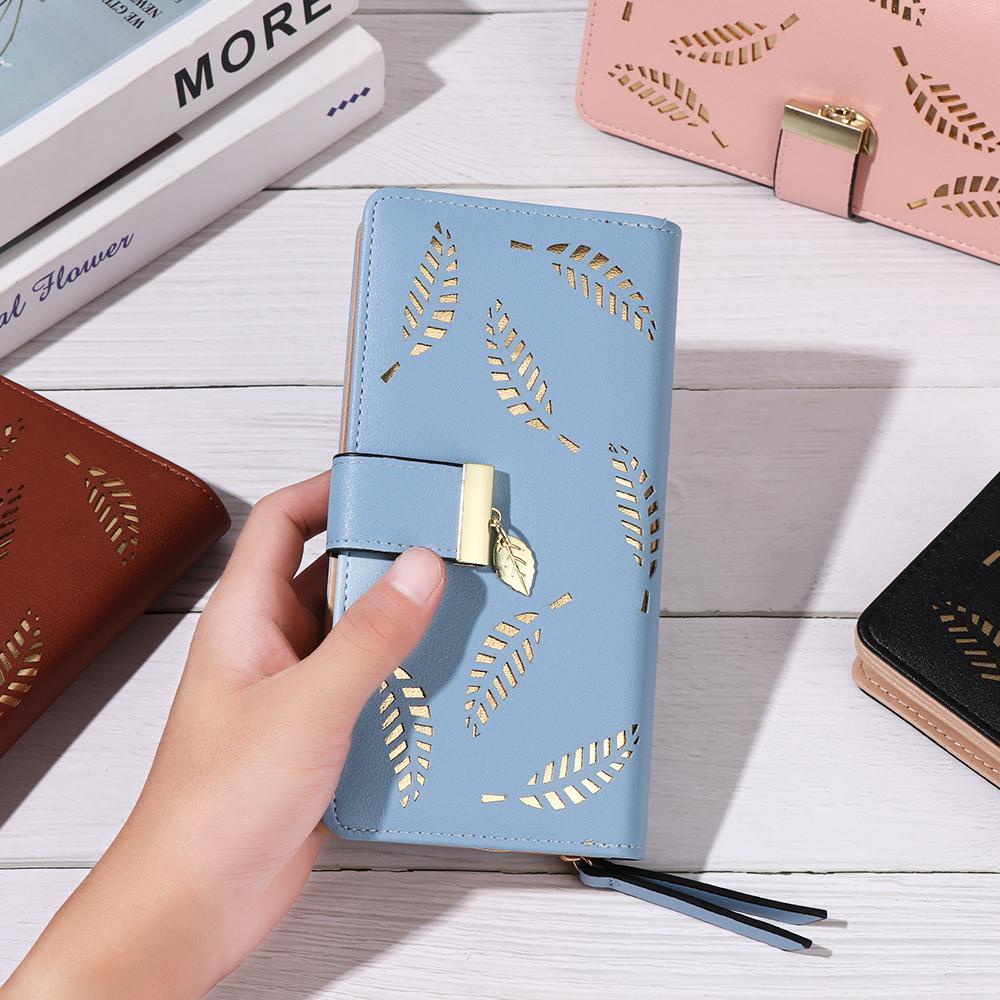 MIHAN1 Ví Da PU Dáng Dài Đa Năng In Họa Tiết Chiếc Lá Thời Trang Cho Nữ Giá Đỡ