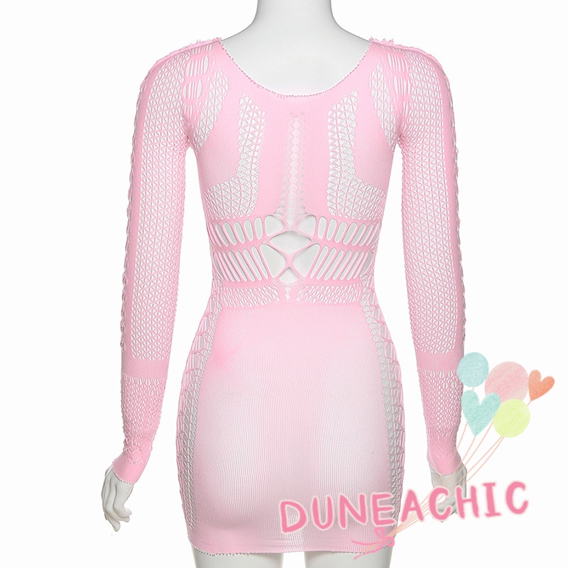 DUNEA Đầm Tay Dài Phối Lưới Thời Trang Quyến Rũ Cho Nữ